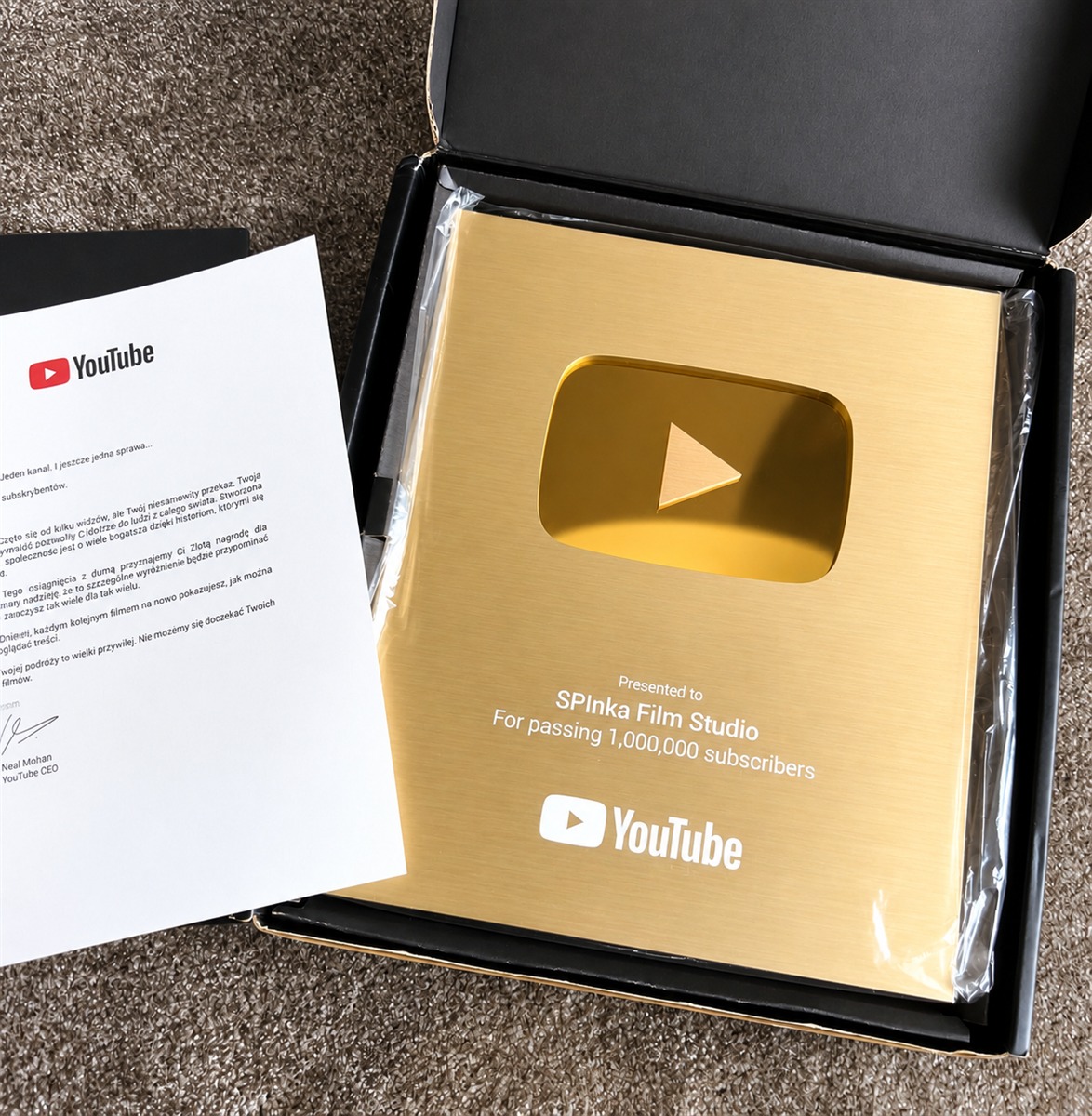 Złoty Przycisk YouTube dla SPInka Film Studio za milion subskrypcji